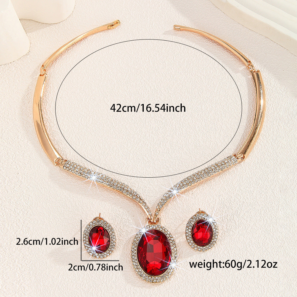 Gold Zinc Alloy Inlaid White Rhinestone Red Crystal Necklace And Earrings Suite